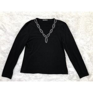 Black V Neck Long Sleeve Shirt Skater Couture Sz S 4 Blouse Jewel Neckline Top